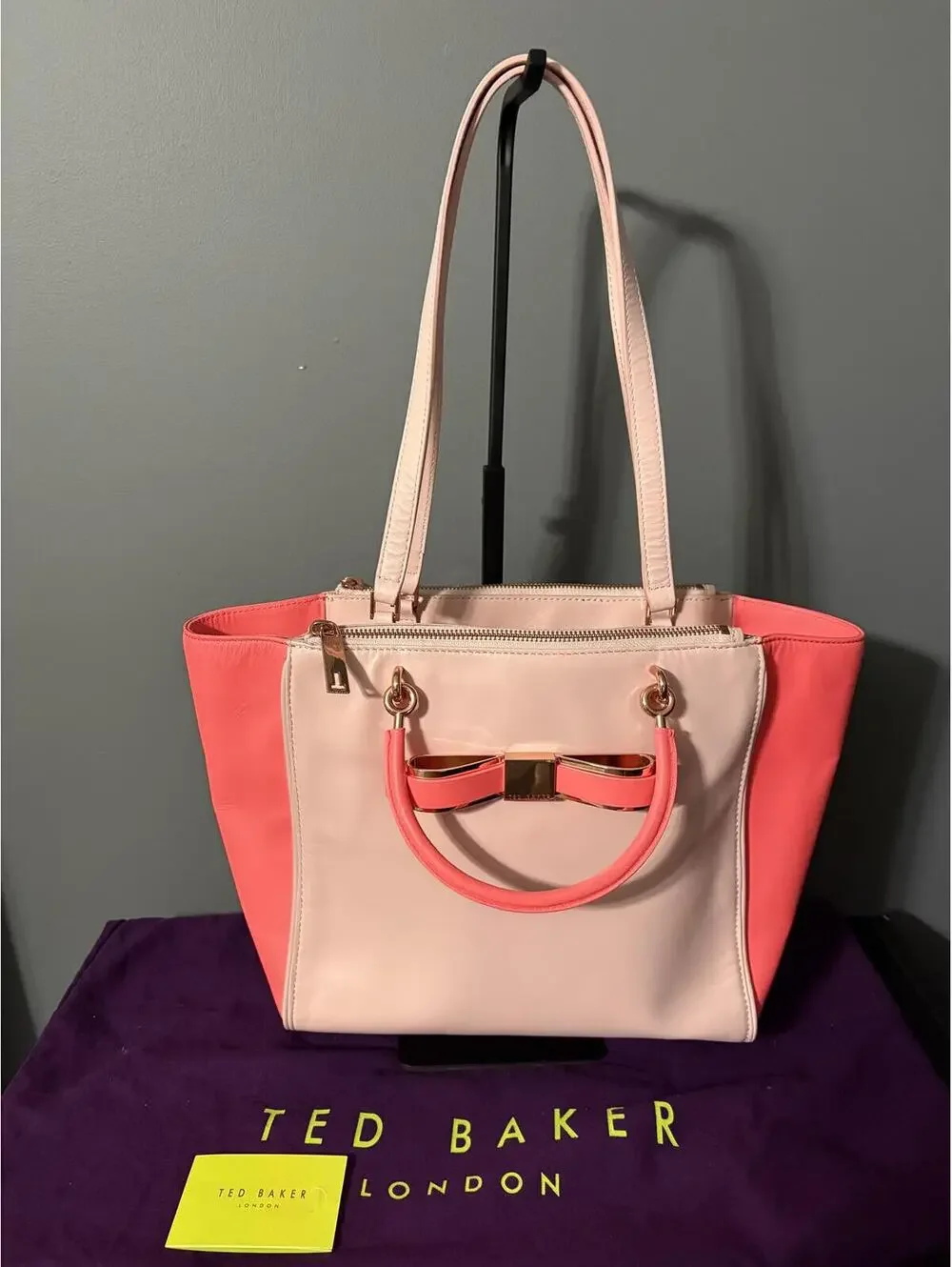 Ted Baker Pink & Coral Colorblock Leather Tote Bag with Rose Gold Bow